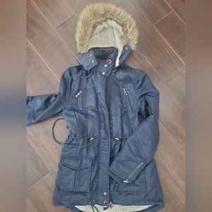 Navy blue winter jacket with hood size small women's Forever21